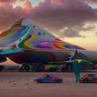 Vibrant, futuristic airplane with swirling patterns parked beside painted cars at sunset