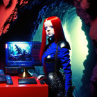 Gothic woman with red hair in dimly lit room with neon glow