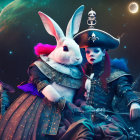 Surreal portrait of person in pirate attire with rabbit head in cosmic setting