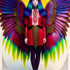 Colorful Bird Wings Woman in Surreal Yellow Background