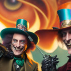 Colorful characters in eccentric outfits with top hats against rainbow background.