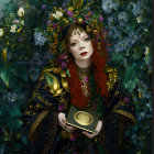 Vibrant red-haired woman with golden floral crown in mystical floral setting