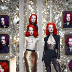 Red-haired mannequins in stylish outfits in elegant room with mirrored walls and silver decorations