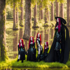Five individuals with red hair in black clothing in serene forest near reflective water
