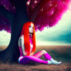 Colorful digital artwork: woman with orange hair under purple tree against dramatic sky