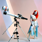 Red-haired mannequin in white outfit with blue floral patterns next to telescope in colorful setting