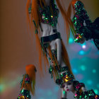 Multicolored hair mannequin in metallic outfit with orb on gradient background