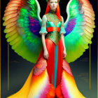 Colorful surreal image of woman and smaller figure with multicolored wings.