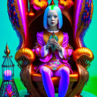Futuristic woman with blue hair on golden throne with green object