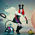 Surreal image: Woman with whips, robots, planet, and floating islands