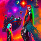 Futuristic punk-style women in cosmic setting with vivid colors and floating ship