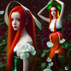 Digital artwork featuring woman with red hair in green corset dress by reflective water.