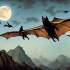 Dragons soaring above gothic spires in a surreal moonlit scene