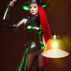 Stylized woman in green outfit with oversized lampshade casting red glow