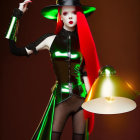 Person with Bright Red Hair in Black and Green Outfit with Large Brimmed Hat and Dramatic