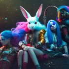 Colorful Hair Women & White Rabbit in Cosmic Setting