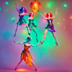 Four women in colorful dresses and heels pose with lanterns on their heads against a vibrant backdrop