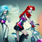 Futuristic female figures with blue and red hair, metallic outfits, and motorcycle with glowing orb effect