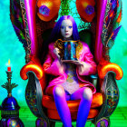 Surreal image: Blue-skinned girl on colorful throne with pink hair, black phone, candle