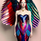 Red-haired woman with multicolored feathered wings and dress on pink background