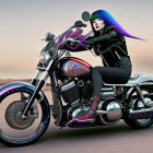 Blue-haired woman on chrome motorcycle in desert with purple highlights
