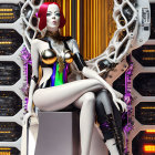 Futuristic women with vibrant hair in cybernetic suits near high-tech throne