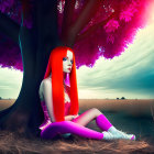 Colorful Illustration: Woman with Red Hair and Cybernetic Limbs under Pink-Leaved Tree