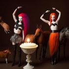 Stylized female figures with ombre hair and edgy fashion next to horse and flowers.