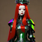 Futuristic female cyborg in red hair, green and purple armor suit