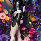 Futuristic woman with red hair in black outfit surrounded by colorful flowers and sci-fi structure