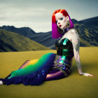 Colorful Bob-Haired Mannequin in Sparkly Dress on Sandy Landscape