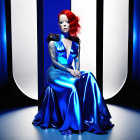 Digital Art: Woman with Red Hair in Blue Dress Against Glowing Backdrop