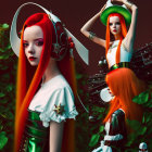 Stylized women with red-orange hair in futuristic warrior outfits amid lush greenery.