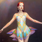 Red-haired woman in iridescent dress with feather details