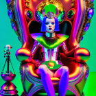 Colorfully dressed futuristic woman on ornate throne with small robot against green background