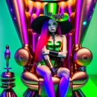 Surrealist digital art: Female figure with green skin on futuristic throne