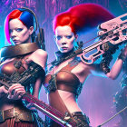 Futuristic women in vibrant mohawk hairstyles and black armor with sci-fi weapons