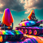 Vibrant-haired trio on futuristic tanks under dramatic sky