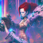 Futuristic women with red mohawks and cybernetic enhancements holding large guns in neon-l