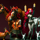 Fantasy elfin figures with red hair, horses, and mystical creatures in dark setting