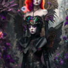 Gothic individuals with angel wings in purple flower setting