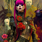 Stylized digital artwork: Magenta-haired woman with avant-garde makeup and vivid flowers.