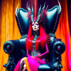 Vibrant red hair and fantasy costume with horns on fiery backdrop