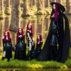 Five figures in gothic attire with red hair near reflective water and tree trunks