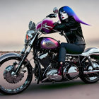 Blue-haired person in black leather on custom purple-accented motorcycle at dusk