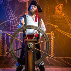 Female pirate captain with tricorne hat on ship deck with ghostly flag