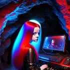 Woman with red and blue hair in cave with futuristic computer graphics