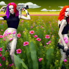 Stylized female figures with red hair in futuristic outfits in colorful flower field