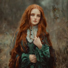 Red-haired woman in dark green dress surrounded by dreamy florals