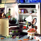 Colorful surreal image: Exploding refrigerator with fruits and vegetables amid smoke